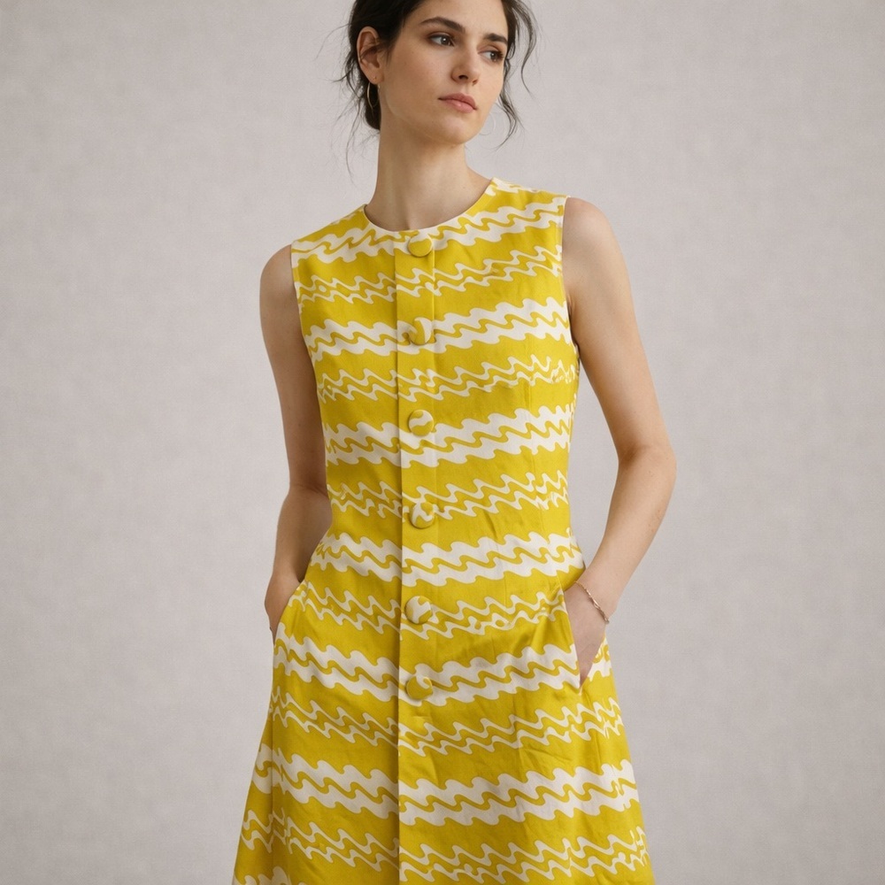 True Vintage 1960s Mod Shift Dress Yellow Graphic Linen A-Line Pockets Jackie O